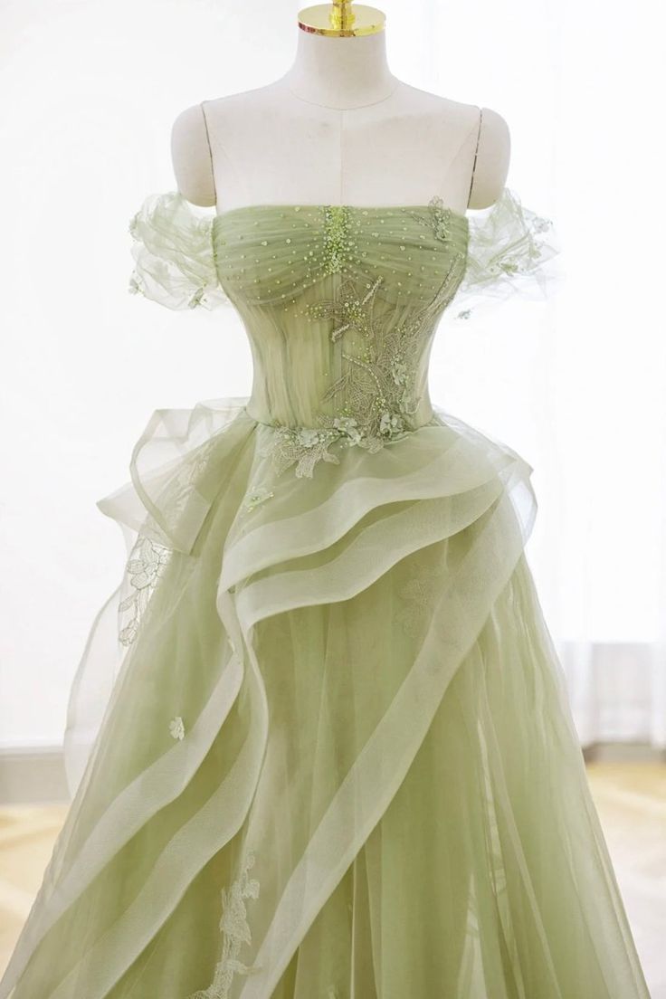 Elegant Sage Green Tulle Lace Prom Dress Off The Shoulder Long Evening Party Dress Prom Gowns AB327