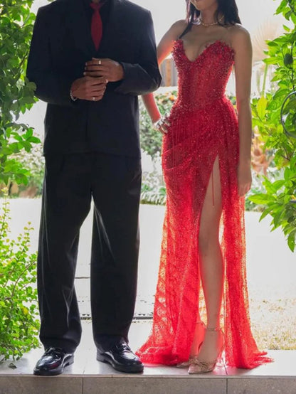 Red Strapless Beaded Fringe Waist Sequin Prom Dress with High Slit For Women AB1546