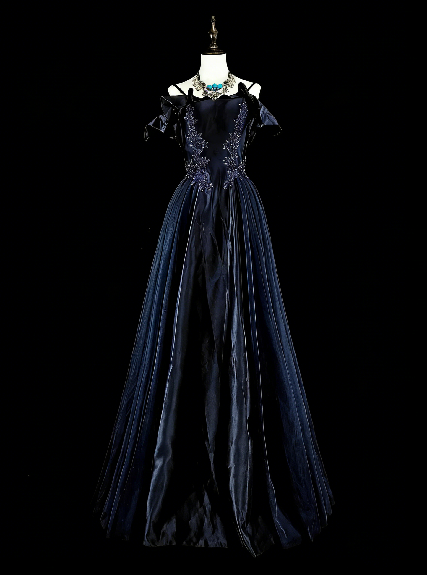 Vintage Prom Dresses A line Spaghetti Strap Off-Shoulder Navy Blue Tulle With Appliques 80s Long Formal Gown N2722