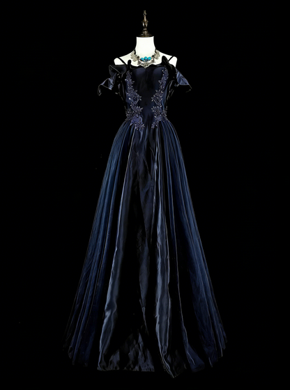 Vintage Prom Dresses A line Spaghetti Strap Off-Shoulder Navy Blue Tulle With Appliques 80s Long Formal Gown N2722