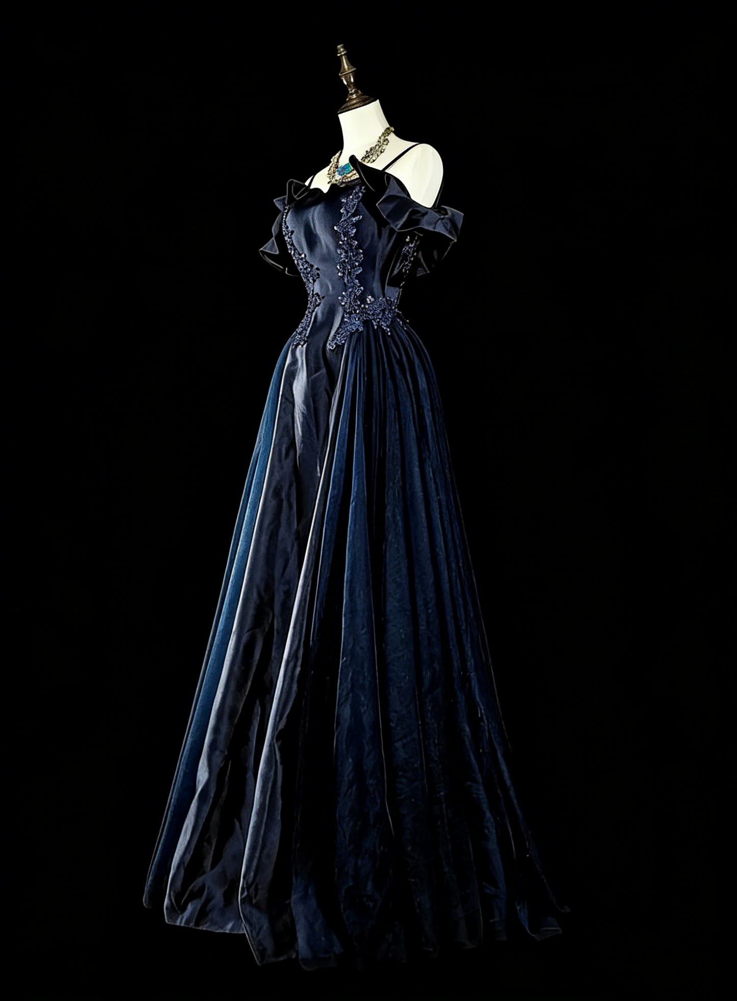 Vintage Prom Dresses A line Spaghetti Strap Off-Shoulder Navy Blue Tulle With Appliques 80s Long Formal Gown N2722