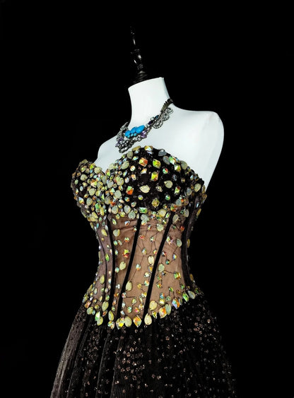 Vintage Prom Dresses Aesthetic 1970s Retro Ball Gown Strapless Black Tulle Long Formal Dress N2153