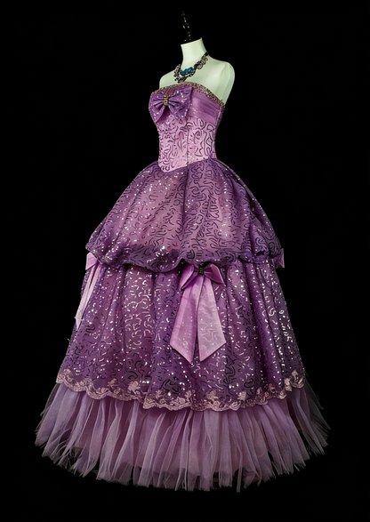 Beautiful Prom Dresses Ball Gown Purple Strapless Tulle With Bow-knot Long Evening Outfits N3421