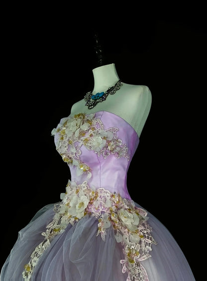 Vintage Prom Dresses Ball Gown Strapless Lilac With 3D Appliques 2000s Long Party Dress N2380