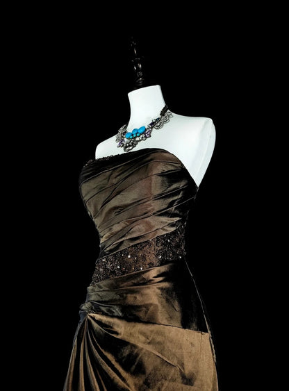 Vintage Prom Dresses Aesthetic 1950s Retro Mermaid Strapless Brown Long With Beadings N2009