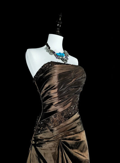 Vintage Prom Dresses Aesthetic 1950s Retro Mermaid Strapless Brown Long With Beadings N2009