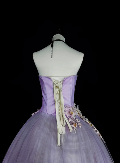 Vintage Prom Dresses Ball Gown Strapless Lilac With 3D Appliques 2000s Long Party Dress N2380