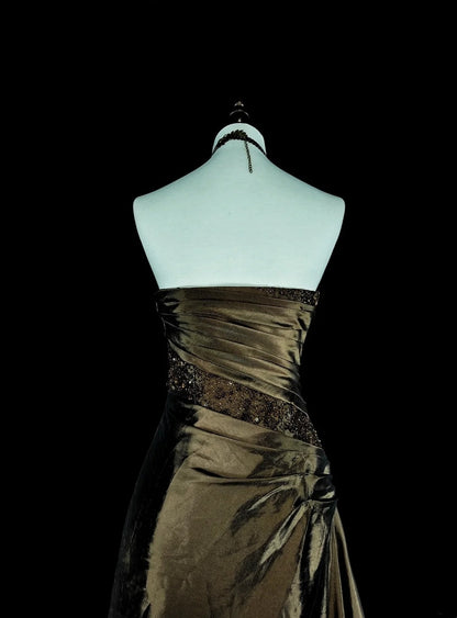 Vintage Prom Dresses Aesthetic 1950s Retro Mermaid Strapless Brown Long With Beadings N2009