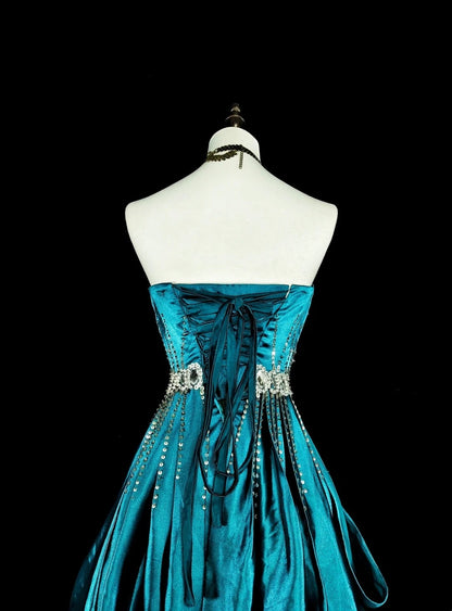 Vintage Prom Dresses Aesthetic 1950s Retro A line Strapless Satin Long With Beadings N2008
