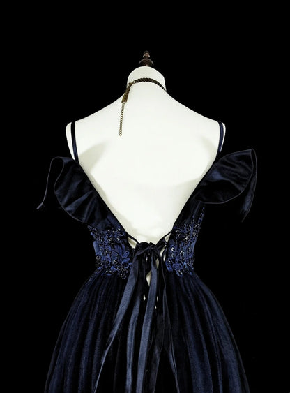 Vintage A line Spaghetti Straps Navy Blue Tulle 80s Evening Gowns Formal Birthday Dress Long Prom Dresses N1754