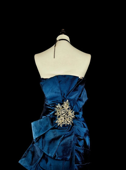 Vintage Prom Dresses Mermaid Strapless Folds Navy Blue Satin With Appliques Long Party Dress N2372