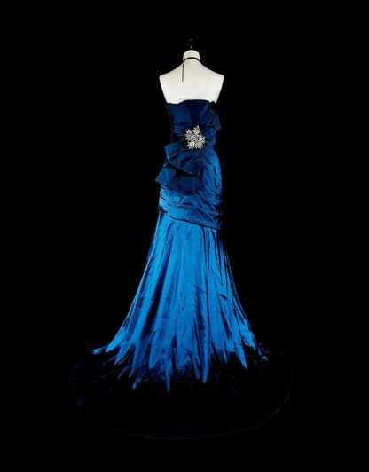 Vintage Prom Dresses Mermaid Strapless Folds Navy Blue Satin With Appliques Long Party Dress N2372