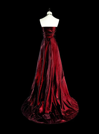 Vintage A line Strapless Burgundy Satin 90s Evening Gowns Formal Birthday Dress Long Prom Dresses N1760