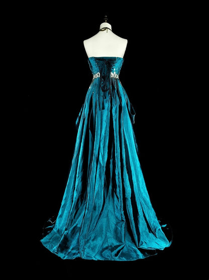 Vintage Prom Dresses Aesthetic 1950s Retro A line Strapless Satin Long With Beadings N2008