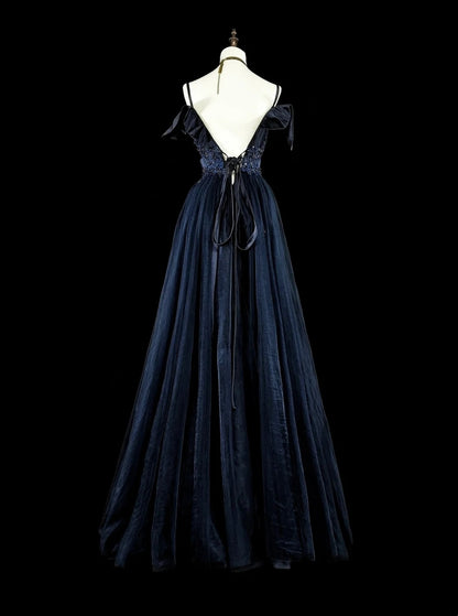 Vintage Prom Dresses A line Spaghetti Strap Off-Shoulder Navy Blue Tulle With Appliques 80s Long Formal Gown N2722