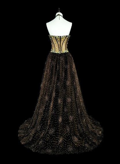 Vintage Prom Dresses Aesthetic 1970s Retro Ball Gown Strapless Black Tulle Long Formal Dress N2153