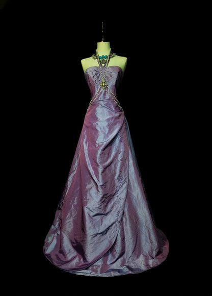Vintage Ball Gown Strapless Lilac Taffeta 80s Sleeveless Prom Dresses Long Formal Party Gown N1428