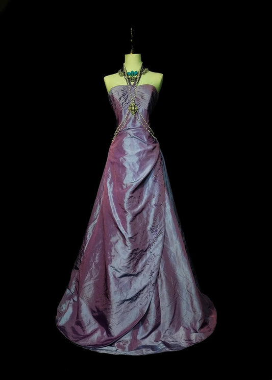 Vintage Ball Gown Strapless Lilac Taffeta 80s Sleeveless Prom Dresses Long Formal Party Gown N1428