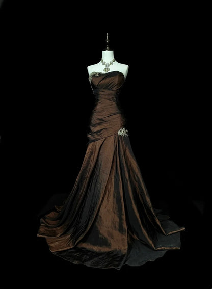 Vintage Mermaid Sweetheart Sleeveless Brown 80s Sleeveless Prom Dresses Long Formal Party Gown N1430