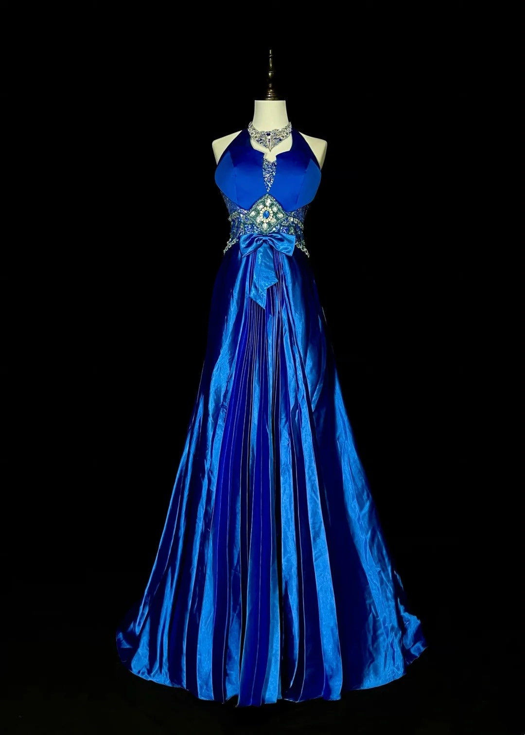 Vintage A Line Halter Royal Blue Satin 80s Sleeveless Prom Dresses Long Formal Party Gown N1429