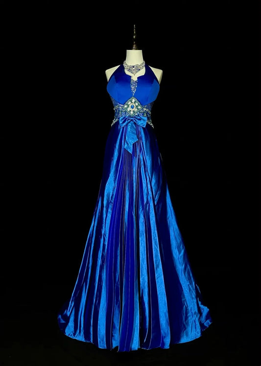 Vintage A Line Halter Royal Blue Satin 80s Sleeveless Prom Dresses Long Formal Party Gown N1429