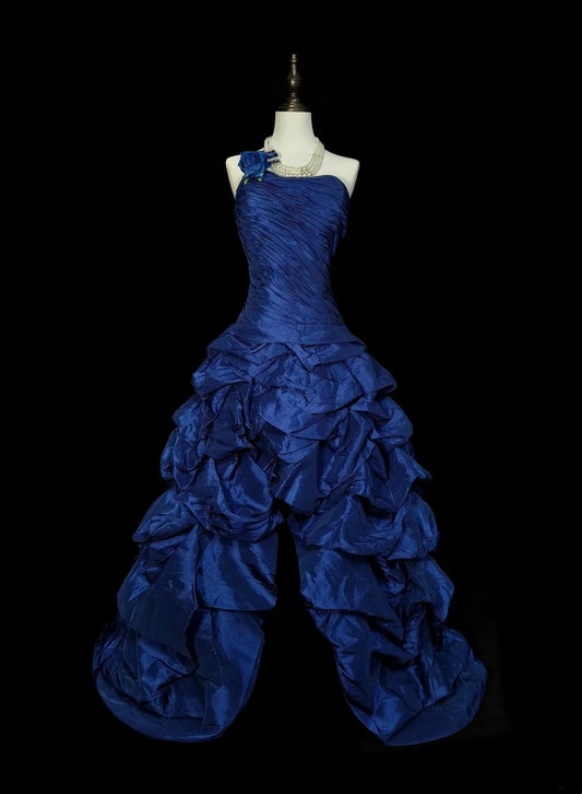 Vintage High Low Ball Gown One Shoulder Navy Blue Sleeveless 80s Sleeveless Prom Dresses Long Formal Party Gown N1431