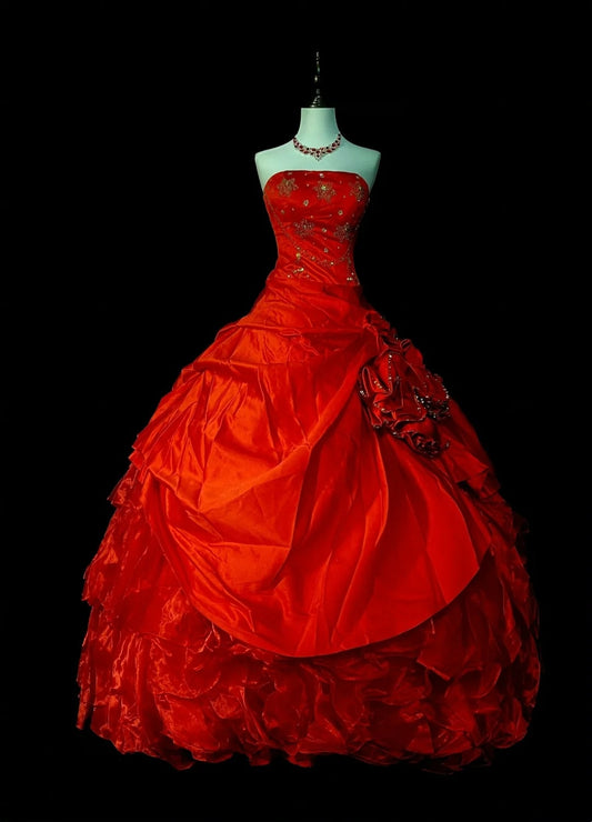 Vintage Ball Gown Strapless Red Satin With Layers Tiered Sweet 16 Dresses Quinceanera Dress Long 15 Vestidos De Fiesta N1435
