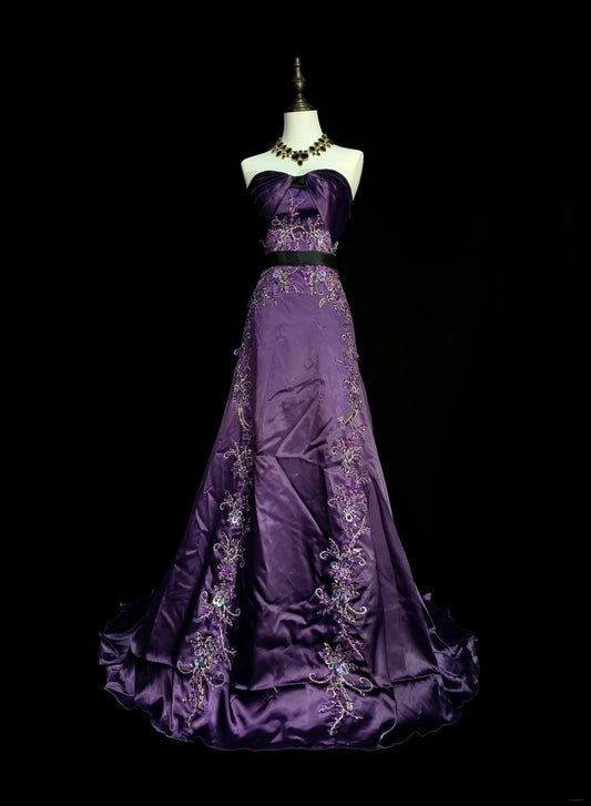 Vintage A line Sweetheart 70s Grape Satin Sleeveless 80s Sleeveless Prom Dresses Long Formal Party Gown N1434