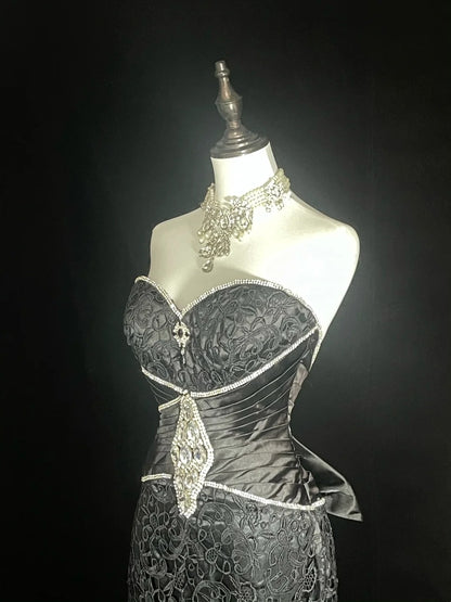 Vintage Mermaid Sweetheart Black Lace 90s With Beaded Long Prom Dresses Senior High Schools Formal Party Dress N1437