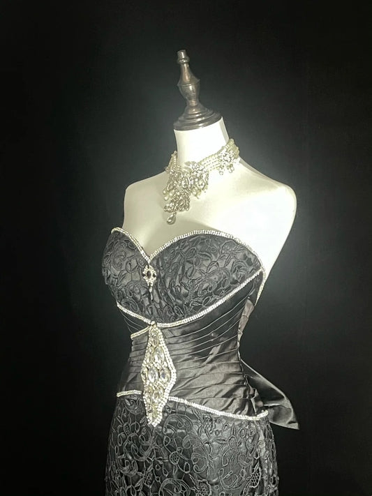 Vintage Mermaid Sweetheart Black Lace 90s With Beaded Long Prom Dresses Senior High Schools Formal Party Dress N1437