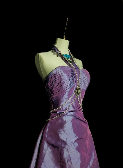 Vintage Ball Gown Strapless Lilac Taffeta 80s Sleeveless Prom Dresses Long Formal Party Gown N1428