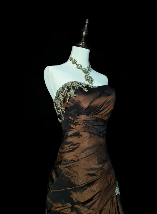 Vintage Mermaid Sweetheart Sleeveless Brown 80s Sleeveless Prom Dresses Long Formal Party Gown N1430