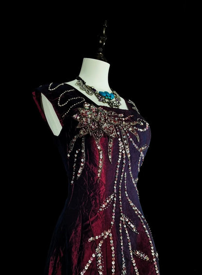 Vintage Prom Dresses A line Square Neck Purple With Beading 1970s Long Formal Gown N2700