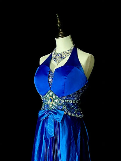 Vintage A Line Halter Royal Blue Satin 80s Sleeveless Prom Dresses Long Formal Party Gown N1429