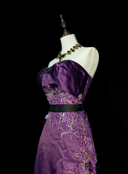 Vintage A line Sweetheart 70s Grape Satin Sleeveless 80s Sleeveless Prom Dresses Long Formal Party Gown N1434