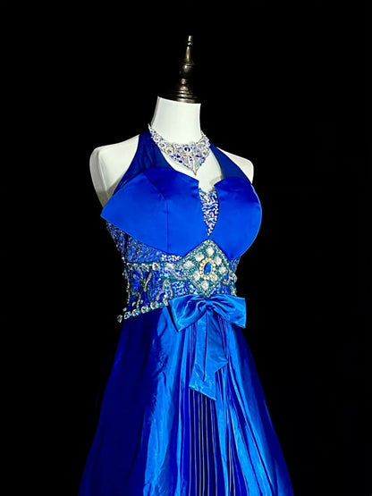 Vintage A Line Halter Royal Blue Satin 80s Sleeveless Prom Dresses Long Formal Party Gown N1429
