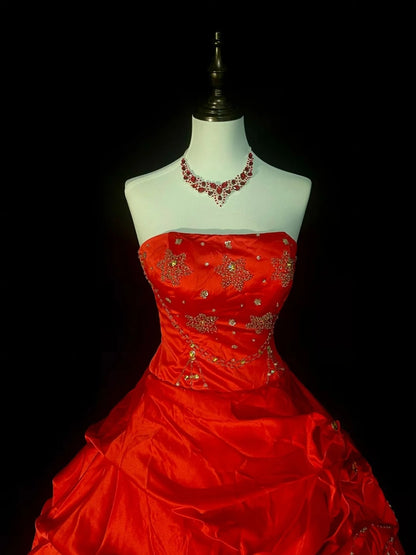 Vintage Ball Gown Strapless Red Satin With Layers Tiered Sweet 16 Dresses Quinceanera Dress Long 15 Vestidos De Fiesta N1435