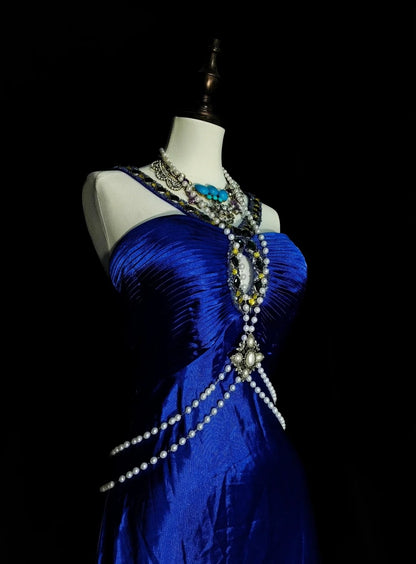 Vintage A line Halter Royal Blue Satin Sleeveless 80s Sleeveless Prom Dresses Long Formal Party Gown N1433