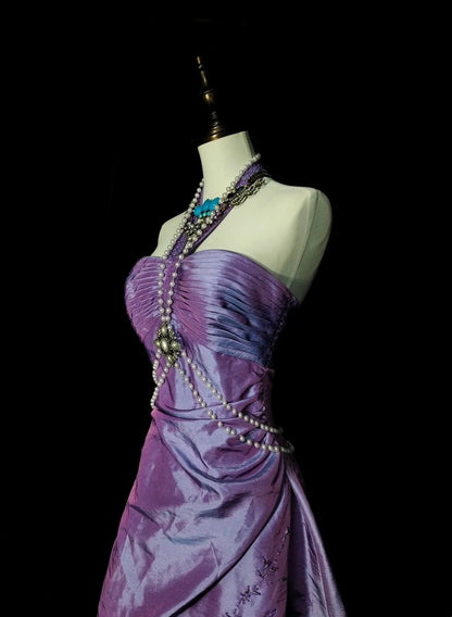 Vintage Ball Gown Strapless Lilac Taffeta 80s Sleeveless Prom Dresses Long Formal Party Gown N1428