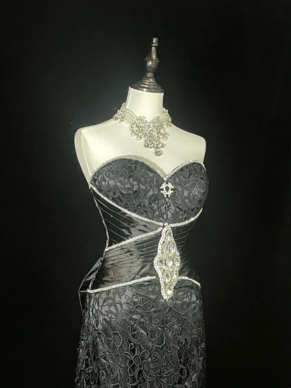 Vintage Mermaid Sweetheart Black Lace 90s With Beaded Long Prom Dresses Senior High Schools Formal Party Dress N1437