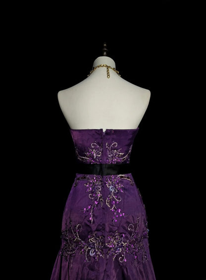 Vintage A line Sweetheart 70s Grape Satin Sleeveless 80s Sleeveless Prom Dresses Long Formal Party Gown N1434