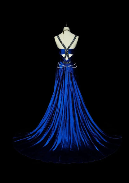 Vintage A line Halter Royal Blue Satin Sleeveless 80s Sleeveless Prom Dresses Long Formal Party Gown N1433