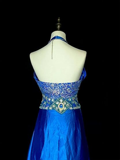 Vintage A Line Halter Royal Blue Satin 80s Sleeveless Prom Dresses Long Formal Party Gown N1429