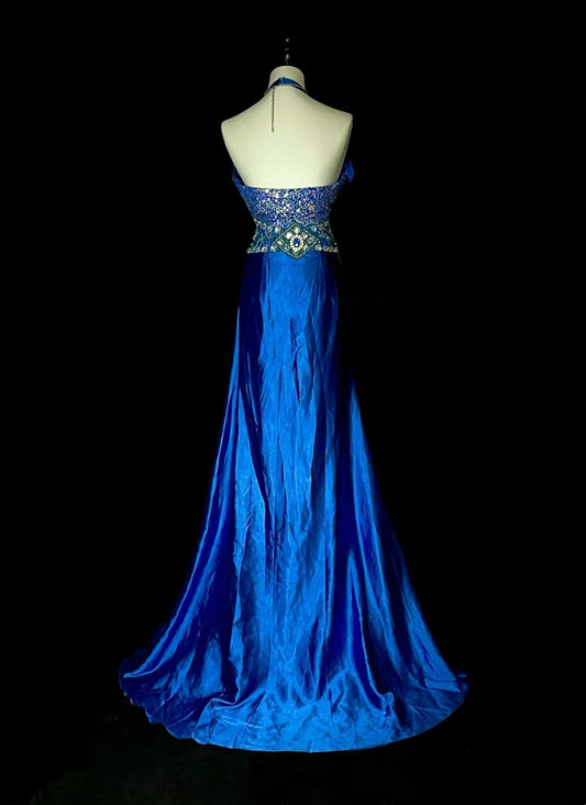 Vintage A Line Halter Royal Blue Satin 80s Sleeveless Prom Dresses Long Formal Party Gown N1429