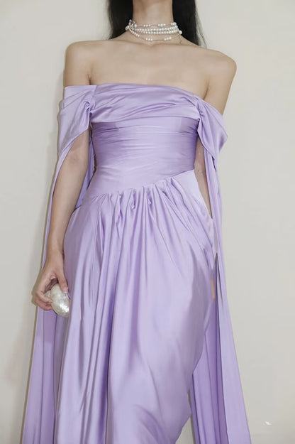 Modest Prom Dresses Aesthetic Sheath Off The Shoulder Lilac Inspiration Style Impress With Sleeves Cape Long Party Formal Gown SA094