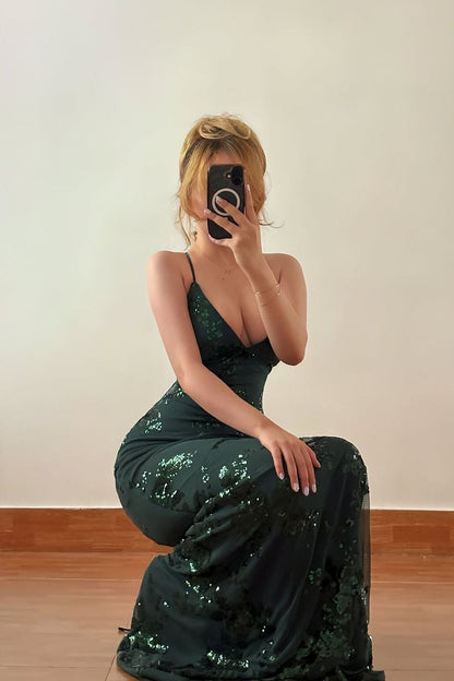 Timeless Dark Green Spaghetti-Straps Sleeveless Prom Dresses Mermaid V-Neck With Lace-Up Back AB1586