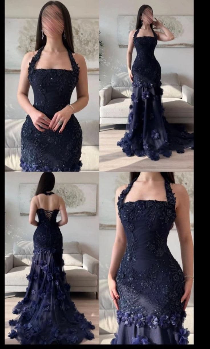 Elegant Formal Prom Dress Long Navy Blue Mermaid Halter Women Girls Evening Gown for Special Occasions RC0187