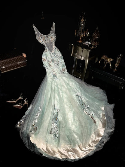 Glamorous Mermaid V Neck Mint Green Tulle School Dances With Appliqued Prom Dresses 8th Grade Formal Outfits Evening Dress RB8413