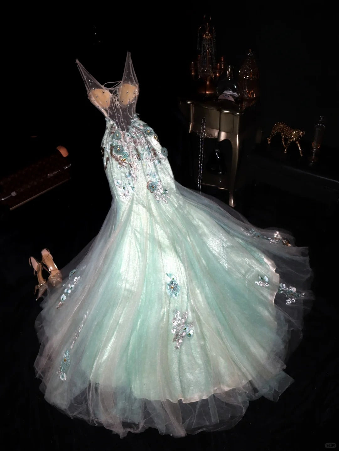 Glamorous Mermaid V Neck Mint Green Tulle School Dances With Appliqued Prom Dresses 8th Grade Formal Outfits Evening Dress RB8413