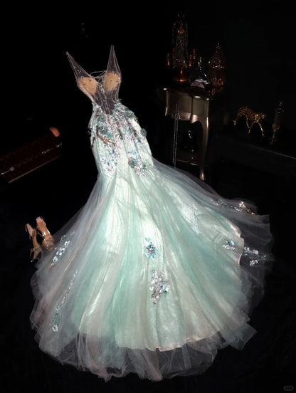 Glamorous Mermaid V Neck Mint Green Tulle School Dances With Appliqued Prom Dresses 8th Grade Formal Outfits Evening Dress RB8413
